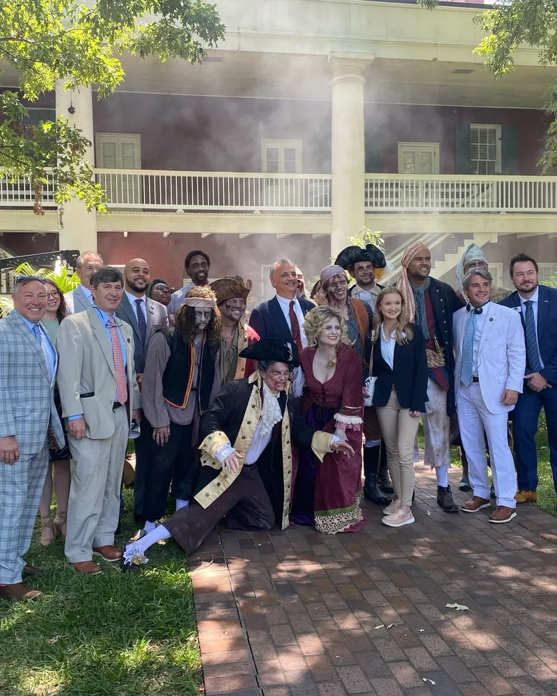 Tim Baudier with a film and community crew at a historic Jefferson Parish estate