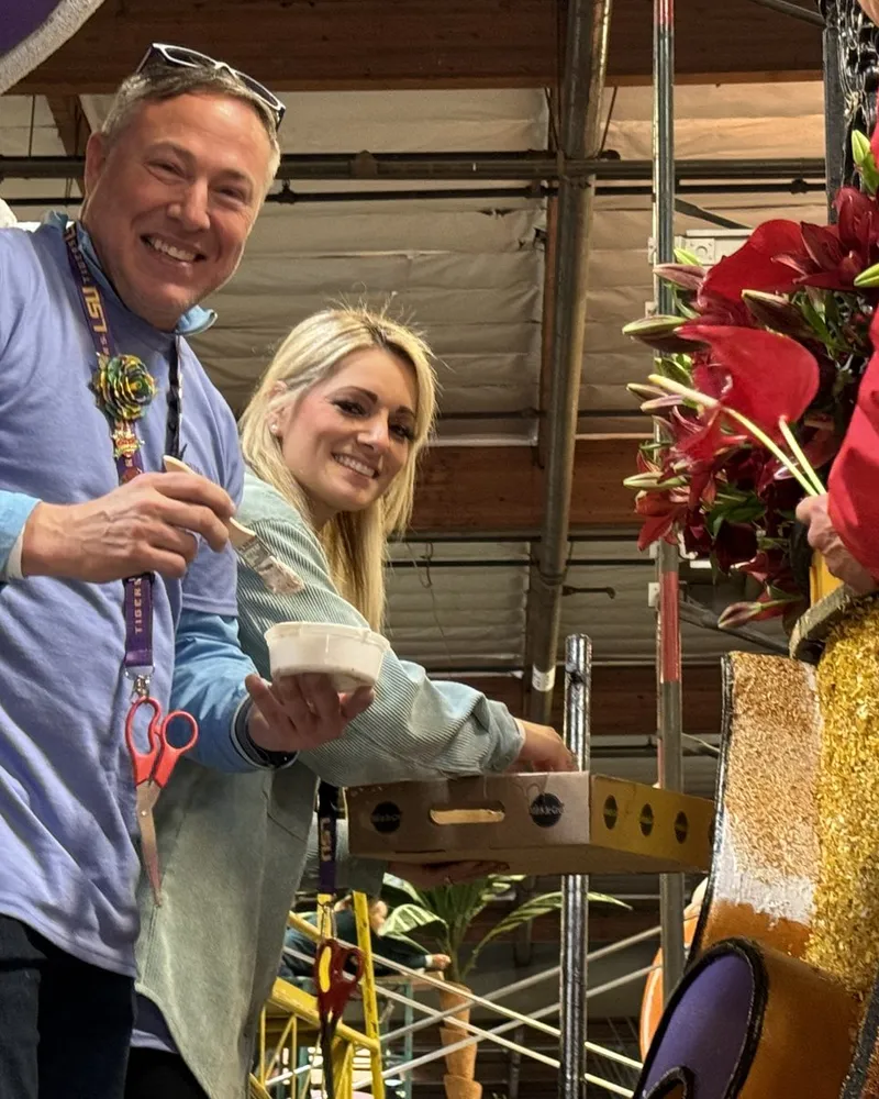 Tim Baudier helping build a Mardi Gras parade float
